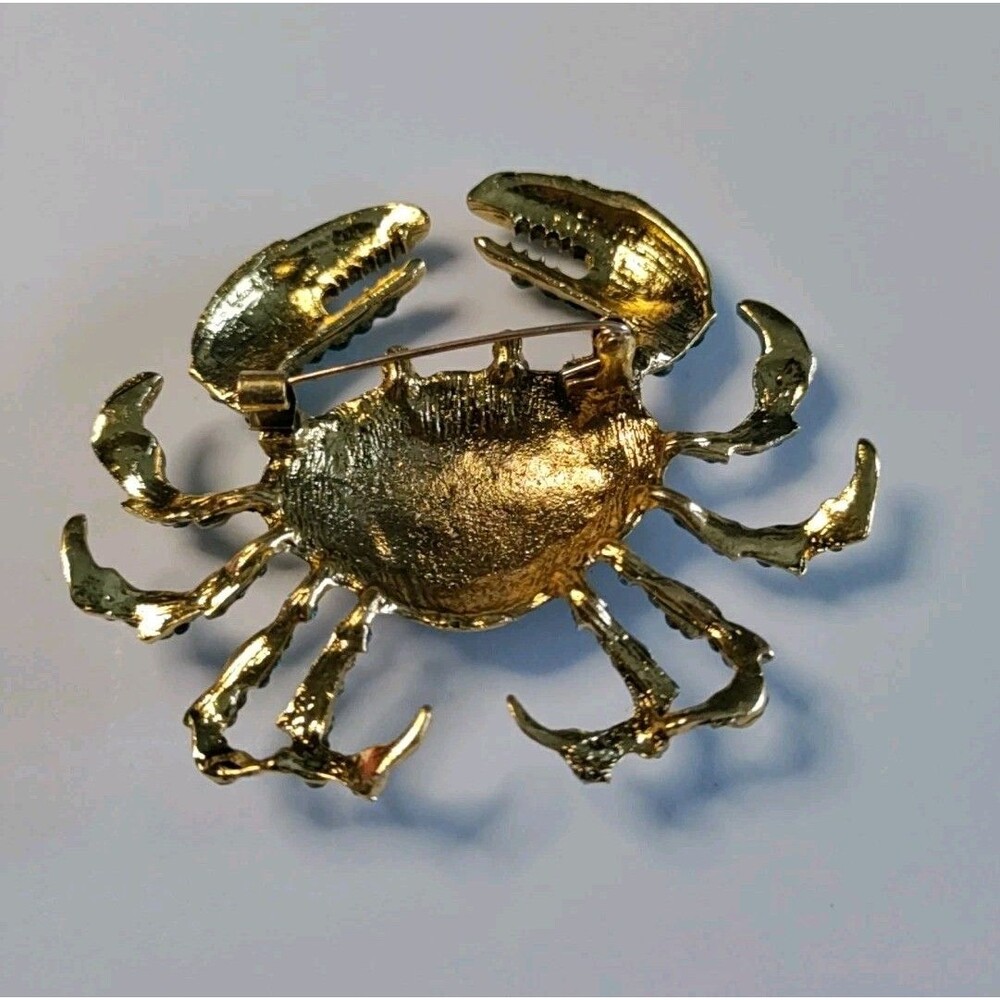 Large Blue Crab Rhinestone Brooch 2.5" Wide X 2" - Picture 2 of 2